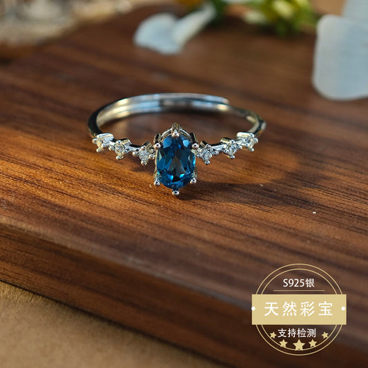 S925 Sterling Silver Jewelry Ring Natural London Blue Topaz Gemstone Simple Luxury Rings