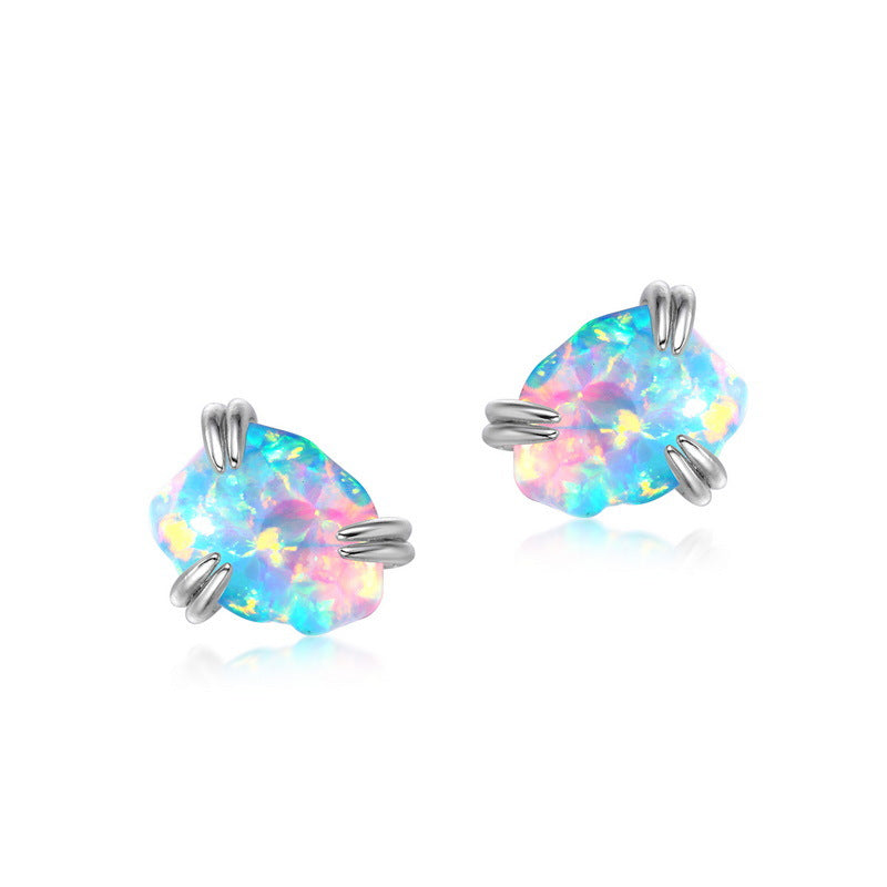 S925 Sterling Silver Jewelry Earrings Magical Color Opal Gemstone Irregular Style Stud Earrings