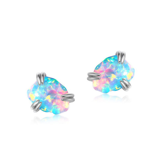 S925 Sterling Silver Jewelry Earrings Magical Color Opal Gemstone Irregular Style Stud Earrings