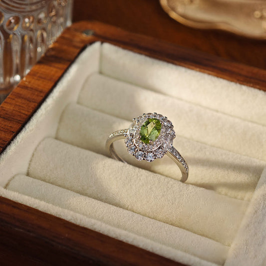 S925 Sterling Silver Jewelry Ring Natural Peridot Gemstone Oval Style Simple Luxury Rings