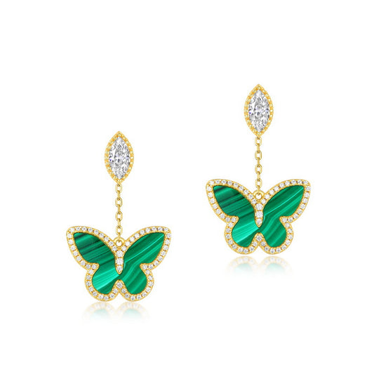 S925 Sterling Silver Jewelry Earrings Natural Malachite Gemstone Butterfly Style Drop Earrings