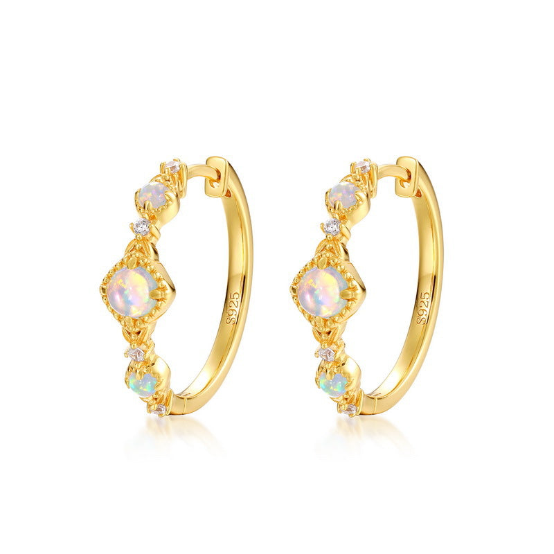 S925 Sterling Silver Jewelry Earrings Magical Color Opal Gemstone Hoop Earrings