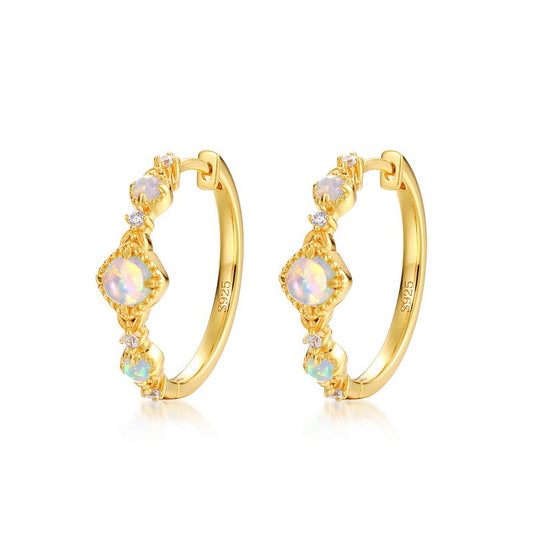 S925 Sterling Silver Jewelry Earrings Magical Color Opal Gemstone Hoop Earrings