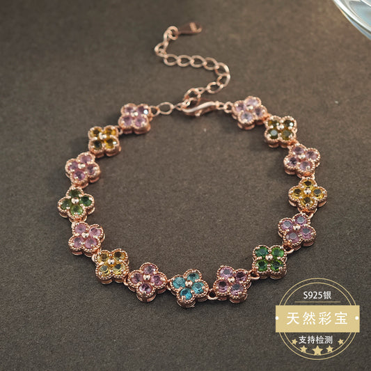 Natural Tourmaline Gemstone Fine Jewelry 925 Sterling Silver Luxury Clover Style Chain Bracelet