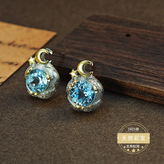 S925 Sterling Silver Jewelry Earrings Natural Topaz Gemstone Unique Design Stud Earrings