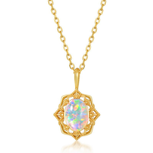 S925 Sterling Silver Jewelry Opal Gemstone Gold Plating Vintage Style Necklace Pendant