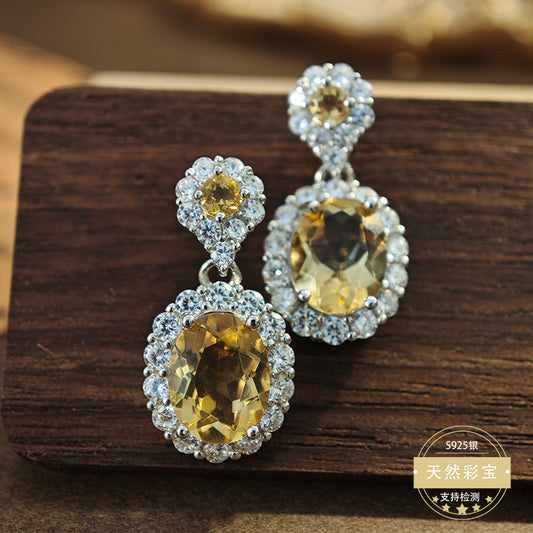 925 Sterling Silver Fine Jewelry Natural Citrine Gemstone Light Luxury Drop Earrings