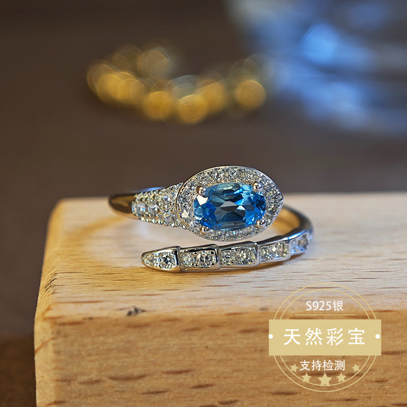 S925 Sterling Silver Jewelry Ring Natural Blue Topaz Gemstone Snake Style Simple Luxury Rings