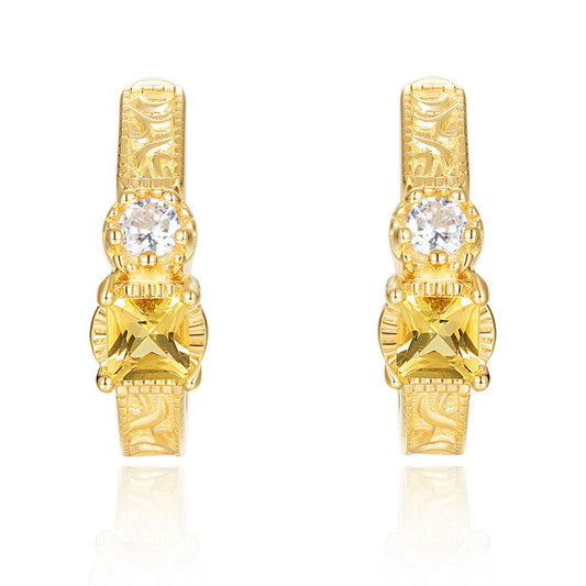 S925 Sterling Silver Jewelry Earrings Natural Citrine Gemstone 10K Gold Plating Earrings