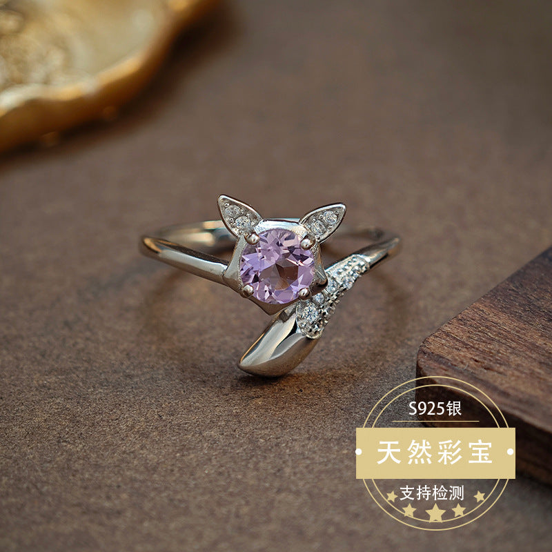 Natural Amethyst Gemstone Fine Jewelry 925 Sterling Silver Light Luxury Fox Style Rings