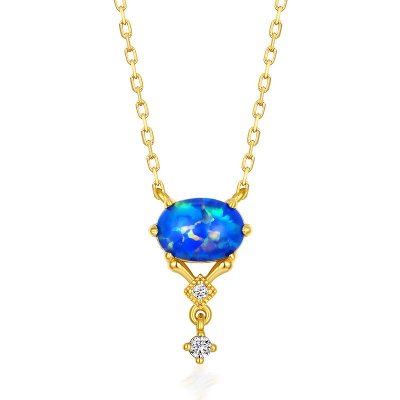 S925 Sterling Silver Jewelry Necklaces Blue Opal Gemstone Simple Luxury Choker Necklace