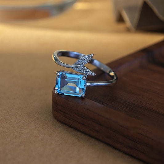 S925 Sterling Silver Jewelry Ring Natural Blue Topaz Gemstone Fishtail Style Simple Luxury Rings