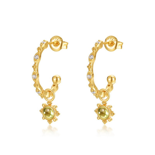 S925 Sterling Silver Jewelry Earrings Peridot Gemstone Fashion Floral Style Hoop Earrings