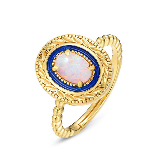 S925 Sterling Silver Jewelry Ring Opal Gemstone Enamel Craft Classic Vintage Style Rings