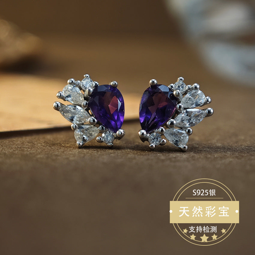 Natural Amethyst Gemstone Fine Jewelry 925 Sterling Silver Light Luxury Stud Earrings