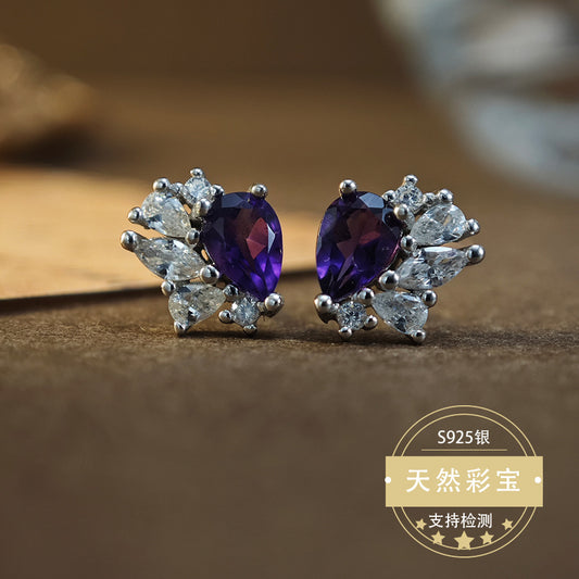 Natural Amethyst Gemstone Fine Jewelry 925 Sterling Silver Light Luxury Stud Earrings