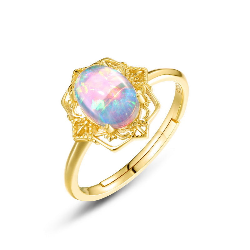 S925 Sterling Silver Jewelry Ring Opal Gemstone Gold Plating Vintage Palace Style Rings