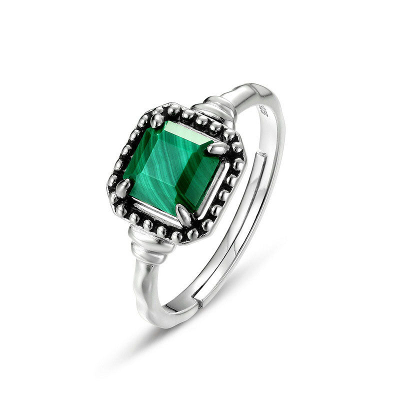 S925 Sterling Silver Jewelry Ring Natural Malachite Gemstone Vintage Style Rings