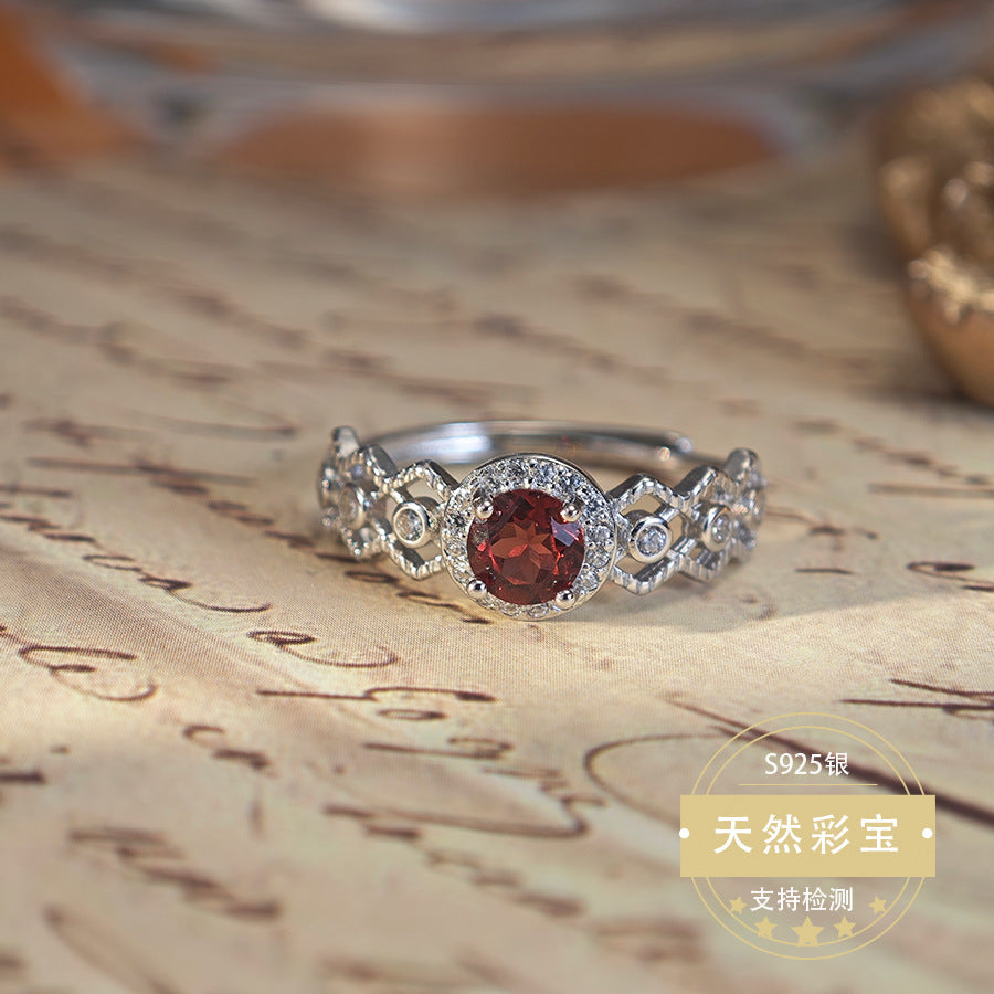 S925 Sterling Silver Jewelry Ring Natural Garnet Gemstone Lace Style Simple Luxury Rings