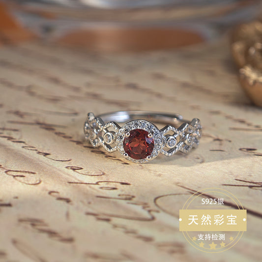 S925 Sterling Silver Jewelry Ring Natural Garnet Gemstone Lace Style Simple Luxury Rings