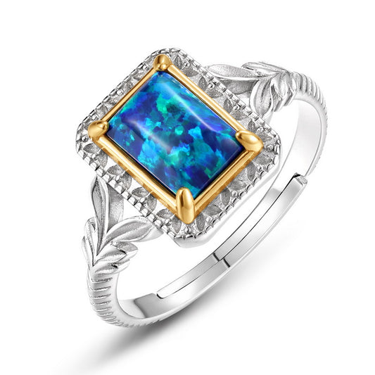 S925 Sterling Silver Jewelry Ring Blue Opal Gemstone Vintage Square Style Rings