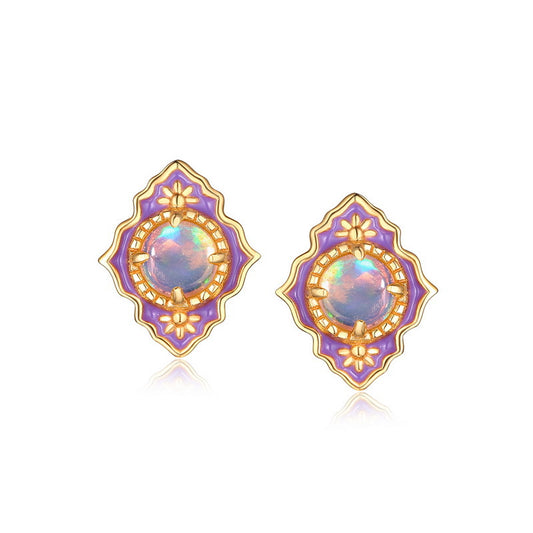 S925 Sterling Silver Jewelry Natural Opal Gemstone Enamel Craft Vintage Style Stud Earrings