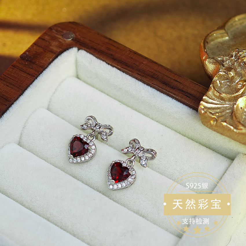 Natural Garnet Gemstone Fine Jewelry 925 Sterling Silver Heart Style Light Luxury Earrings