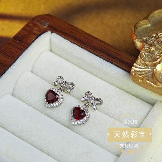 Natural Garnet Gemstone Fine Jewelry 925 Sterling Silver Heart Style Light Luxury Earrings