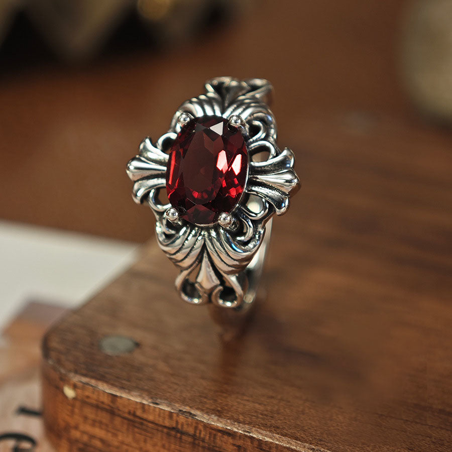 S925 Sterling Silver Jewelry Ring Natural Garnet Gemstone Vintage Crossing Style Luxury Rings