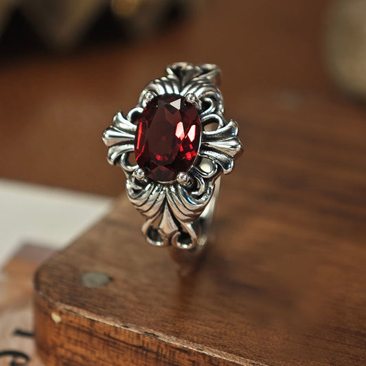 S925 Sterling Silver Jewelry Ring Natural Garnet Gemstone Vintage Crossing Style Luxury Rings