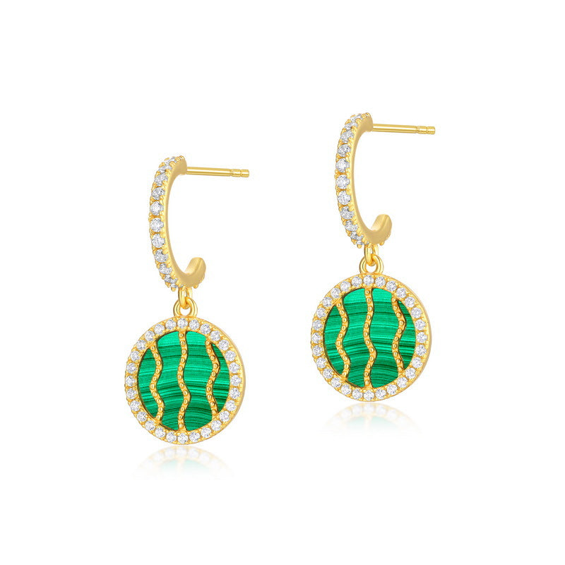 S925 Sterling Silver Jewelry Earrings Natural Malachite Gemstone Round Style Drop Earrings