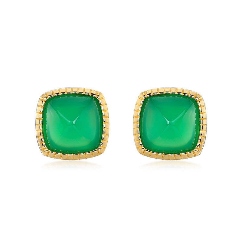 S925 Sterling Silver Jewelry Earrings Natural Green Agate Gemstone Square Style Stud Earrings