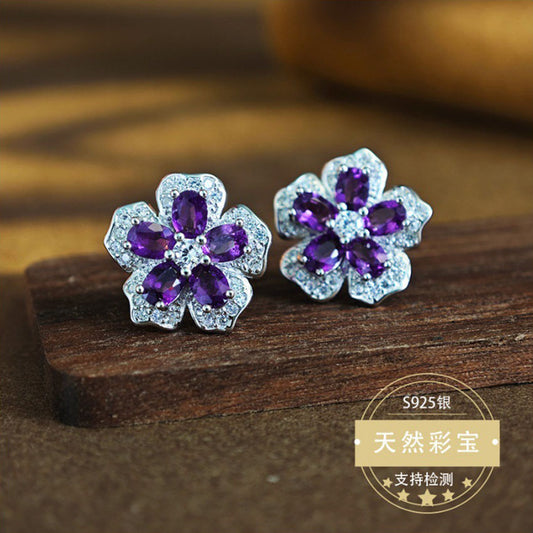 Natural Amethyst Gemstone Fine Jewelry 925 Sterling Silver Floral Style Stud Earrings