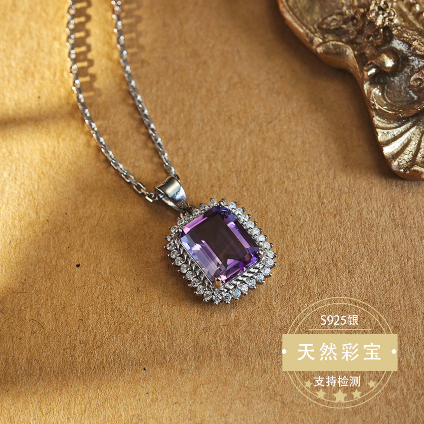 Natural Amethyst Gemstone Fine Jewelry 925 Sterling Silver Square Luxury Charms Necklace