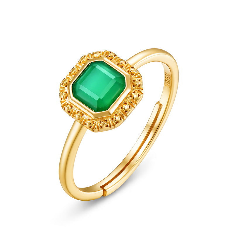 S925 Sterling Silver Jewelry Ring Natural Green Agate Gemstone Vintage Palace Style Rings