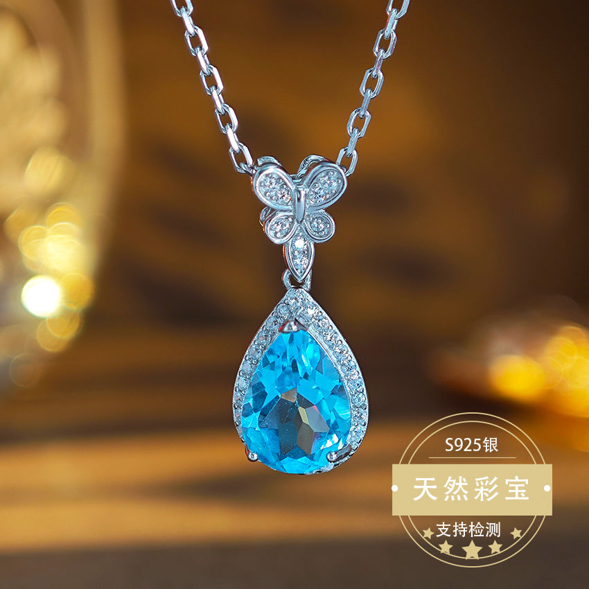 S925 Sterling Silver Jewelry Necklace Natural Topaz Gemstone Fashion Charms Necklace