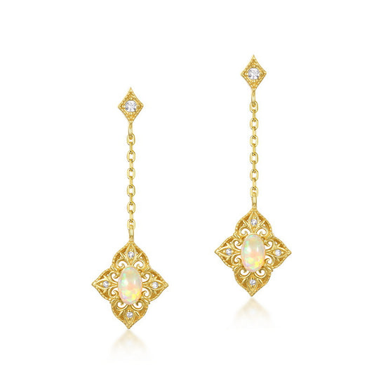 S925 Sterling Silver Jewelry Earrings Natural Opal Gemstone Floral Style Drop Earrings