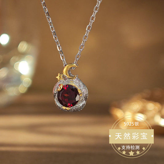 S925 Sterling Silver Jewelry Necklace Natural Garnet Gemstone Unique Design Charms Necklace
