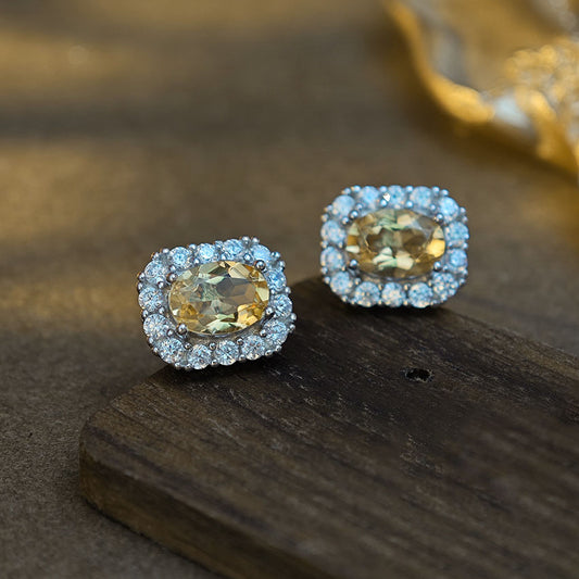 S925 Sterling Silver Jewelry Earrings Natural Citrine Gemstone Square Style Stud Earrings