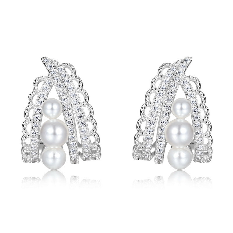 S925 Sterling Silver Jewelry Earrings Shell Pearl Lace Hollow Out Crafts Luxury Earrings