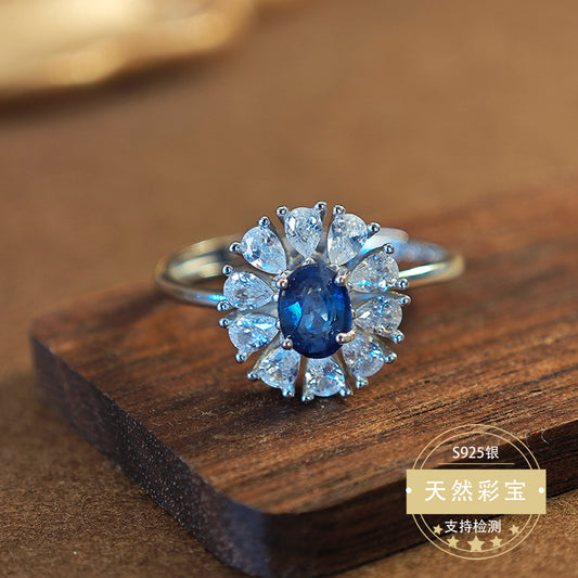 S925 Sterling Silver Jewelry Ring Natural Sapphire Gemstone Floral Style Fashion Luxury Rings