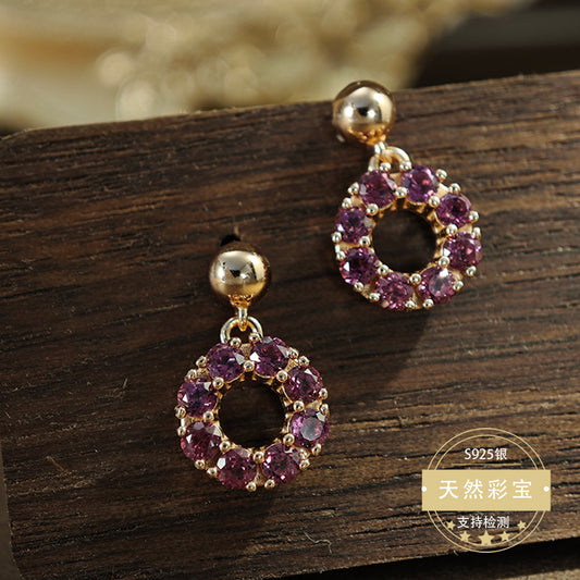 S925 Sterling Silver Fine Jewelry Natural Purple Garnet Gemstone Luxury Drop Earrings