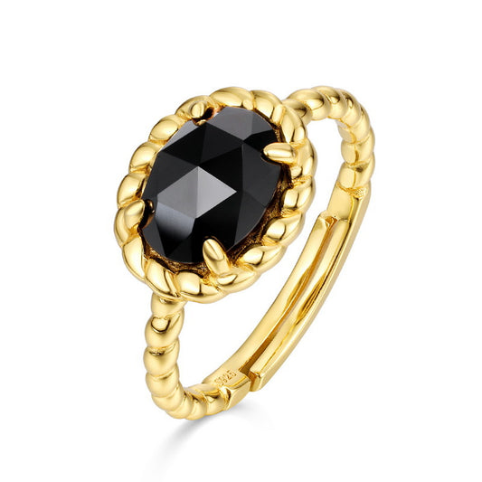 S925 Sterling Silver Jewelry Ring Natural Black Onyx Gemstone Gold Plating Simple Luxury Ring