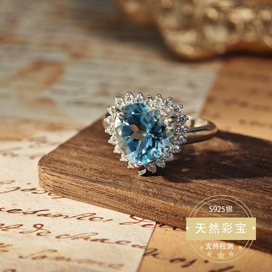 S925 Sterling Silver Jewelry Ring Natural Swiss Blue Topaz Gemstone Heart Style Luxury Rings