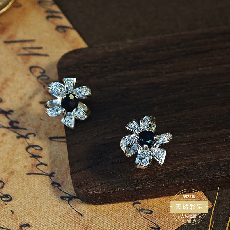 S925 Sterling Silver Jewelry Earrings Natural Sapphire Gemstone Floral Stud Earrings
