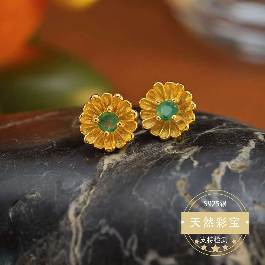 Natural Emerald Gemstone Fine Jewelry 925 Sterling Silver Sunflower Style Light Luxury Earrings