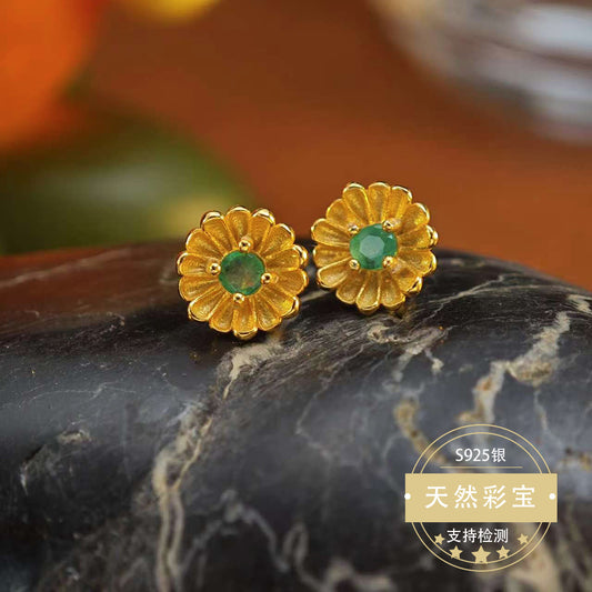 Natural Emerald Gemstone Fine Jewelry 925 Sterling Silver Sunflower Style Light Luxury Earrings