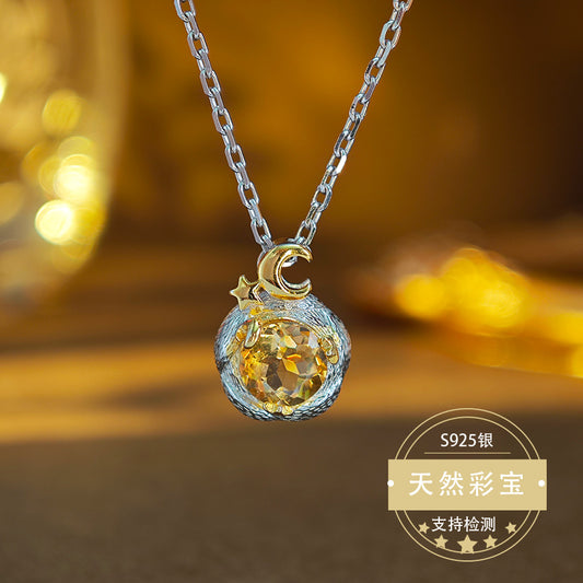 S925 Sterling Silver Jewelry Necklace Natural Citrine Gemstone Unique Design Charms Necklace