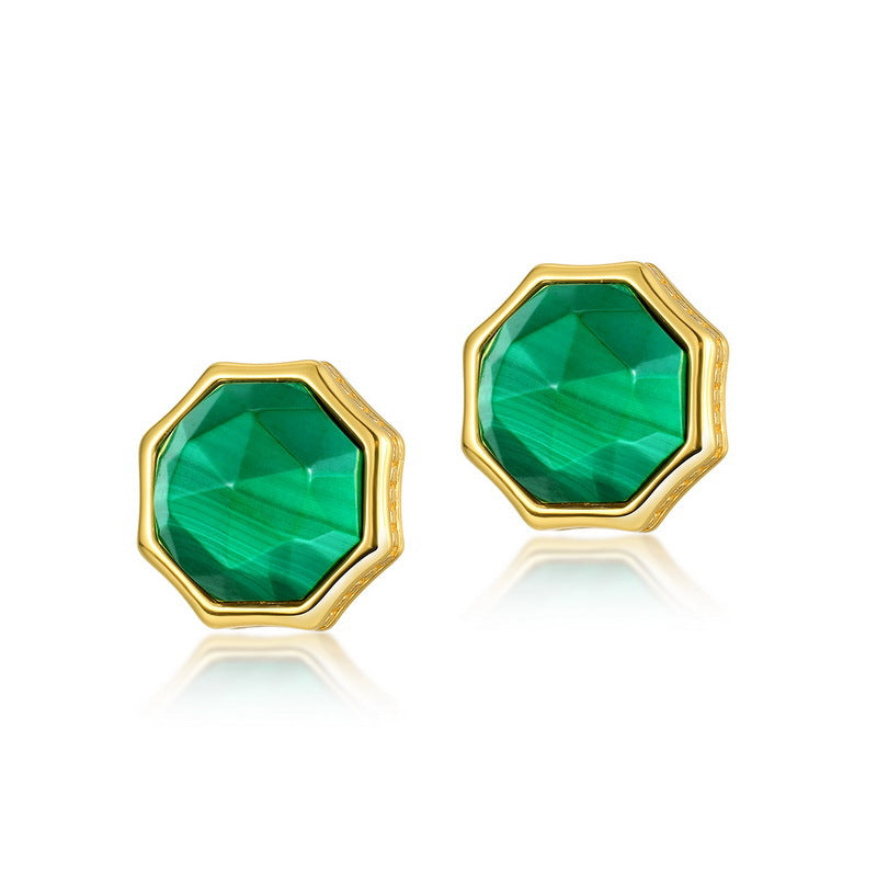 S925 Sterling Silver Jewelry Earrings Natural Malachite Gemstone Geometric Stud Earrings
