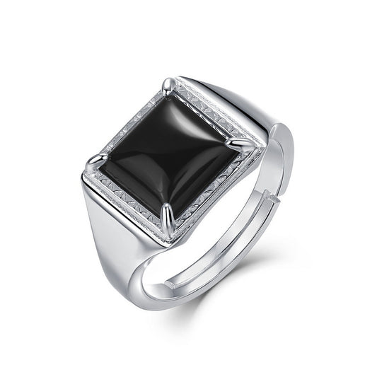 S925 Sterling Silver Jewelry Ring Natural Black Onyx Gemstone Vintage Square Style Rings